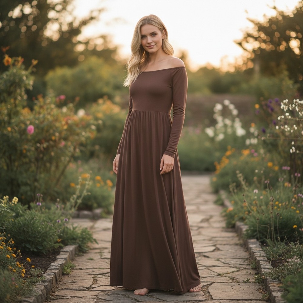 Unbranded Maxi Dress Long Sleeve Scoop Neck M Brown Fit Flare Jersey Stretch
